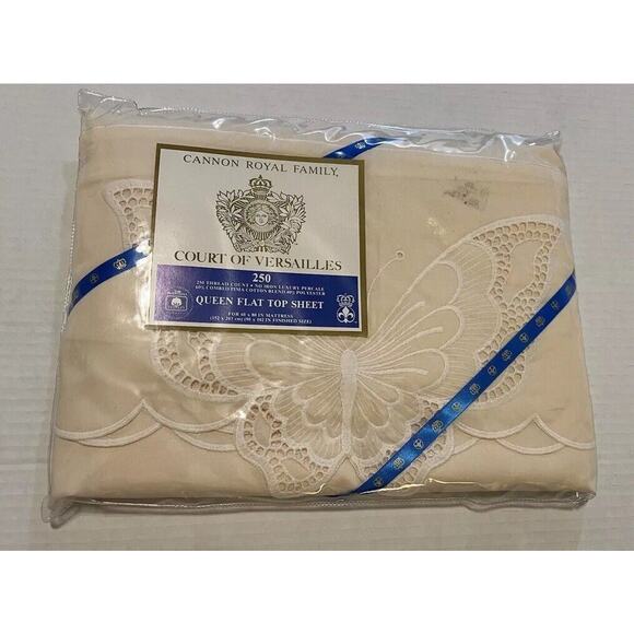 NOS Court Of Versailles Queen Flat Sheet Cream Butterflies Vintage Cannon Royal